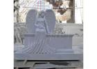 White Marble Headstone with Angel Statues for Gravesite